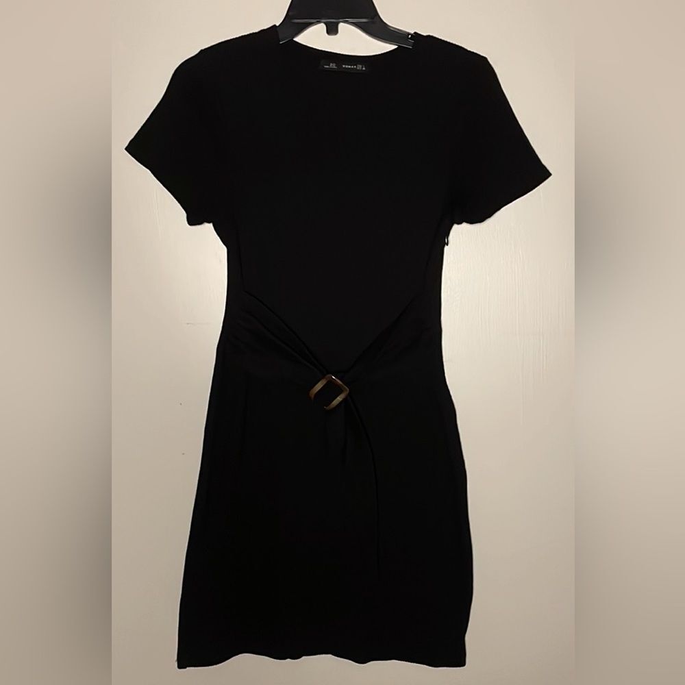Zara ZC Woman- Black Ribbed Attached Belt High Neckline Mini Dress- Size L